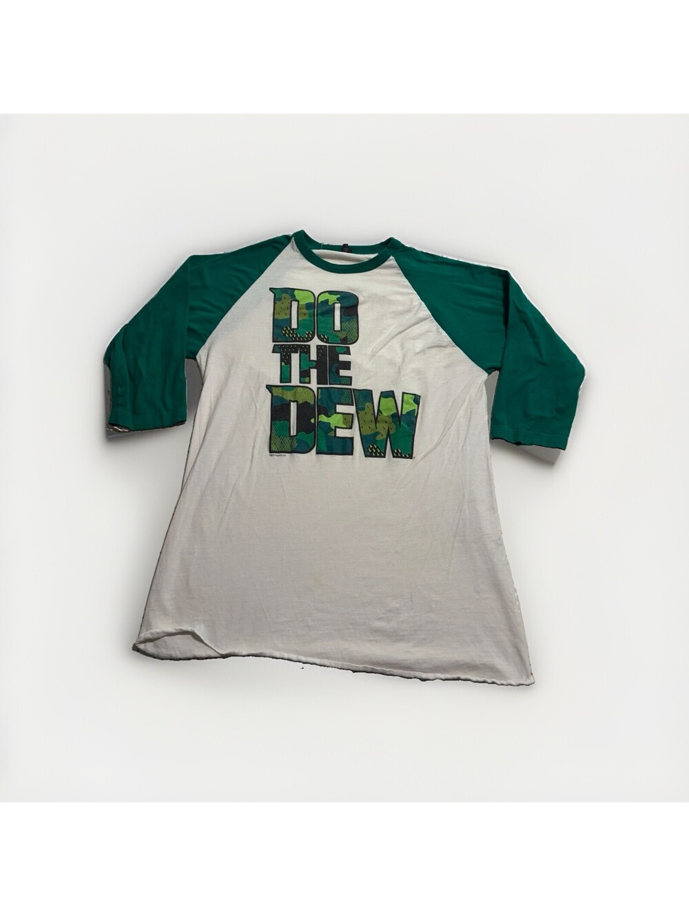 Mountain Dew camo Green White 3/4 Sleeve Shirt Size Medium See Measurements